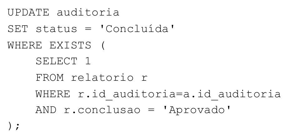 Código SQL: UPDATE auditoria SET status = 'Concluída' WHERE EXISTS (SELECT 1 FROM relatorio r WHERE r.id_auditoria=a.id_auditoria AND r.conclusao = 'Aprovado');