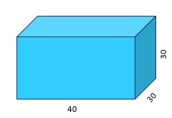 Aquário em forma de paralelepípedo, totalmente cheio de água (azul), com as medidas 40 (comprimento), 30 (largura) e 30 (altura).