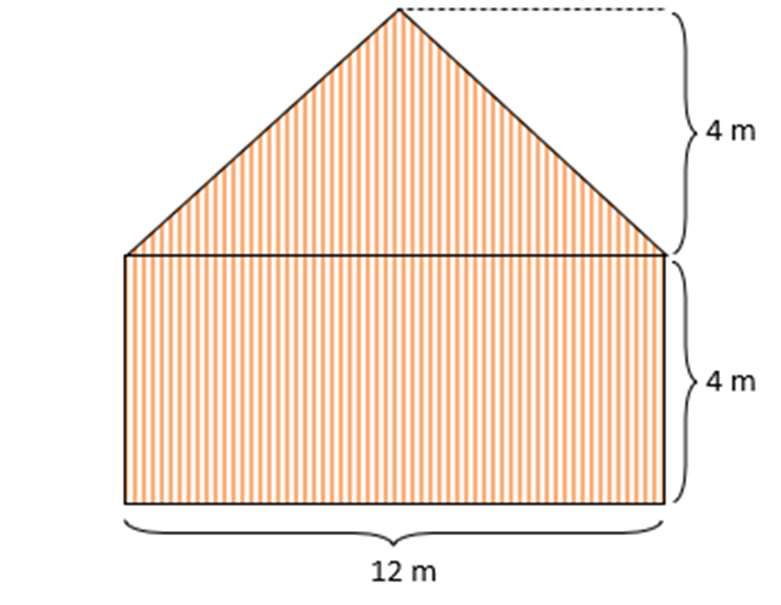 Esquema de uma parede hachurada em laranja: um retângulo de 12 m de largura e 4 m de altura, com um triângulo em cima, de mesma base (12 m) e altura de 4 m.