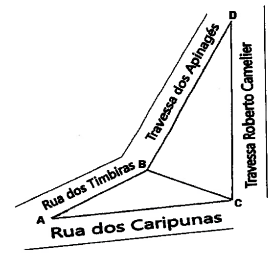 Mapa esquemático de ruas formando os pontos A, B, C e D: Rua dos Timbiras liga A a B, Travessa dos Apinagés liga B a D, Travessa Roberto Camelier liga D a C, e Rua dos Caripunas passa por A e C. Os segmentos BC e AC formam o triângulo ABC.