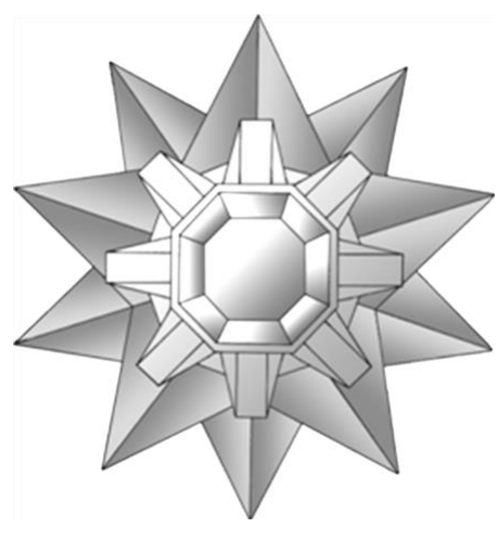 Criatura em forma de estrela composta por figuras geométricas: pontas triangulares ao redor, peças retangulares e um octógono central com outro octógono interno.