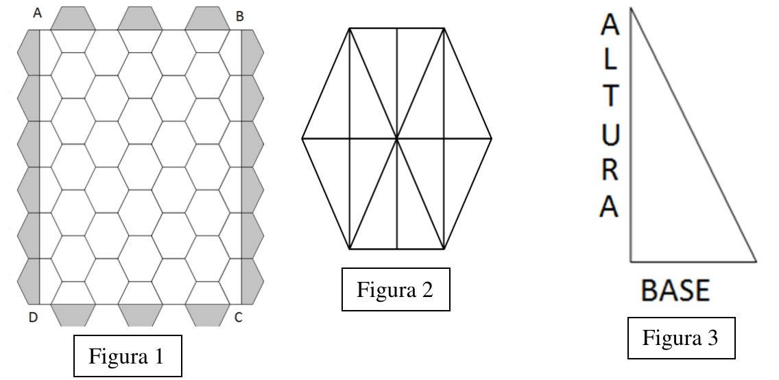 Figura 1: retângulo ABCD preenchido por lajotas hexagonais, com metades de hexágonos em cinza nas bordas. Figura 2: hexágono dividido em 12 triângulos retângulos. Figura 3: triângulo retângulo com os catetos indicados como ALTURA (vertical) e BASE (horizontal).