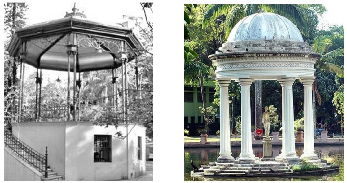 Duas fotografias do Parque Municipal: à esquerda, coreto com base de alvenaria de vários lados e cobertura sustentada por colunas; à direita, templete com cúpula sobre colunas cilíndricas, à beira de um lago.