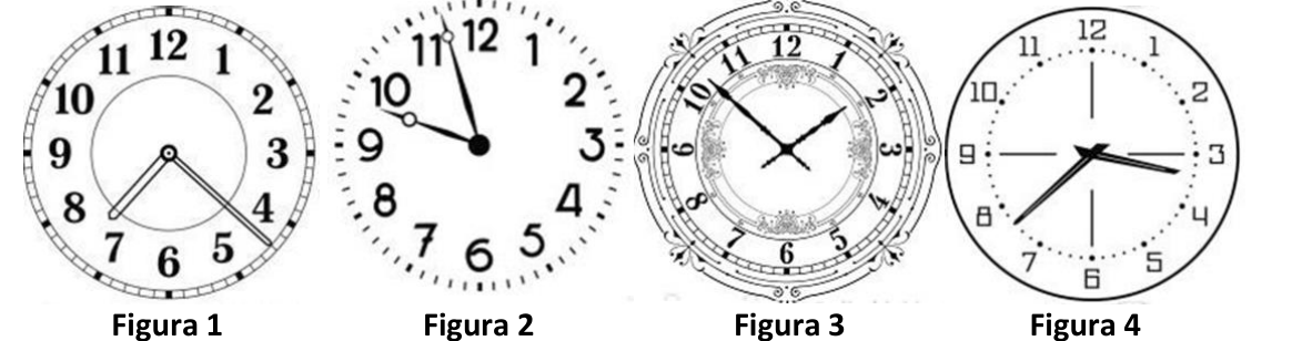 Quatro relógios analógicos de ponteiros, rotulados Figura 1, Figura 2, Figura 3 e Figura 4, cada um marcando um horário diferente.