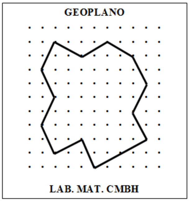 Geoplano (malha de pontos) com título GEOPLANO e rodapé LAB. MAT. CMBH, mostrando um polígono irregular desenhado com segmentos ligando pregos.