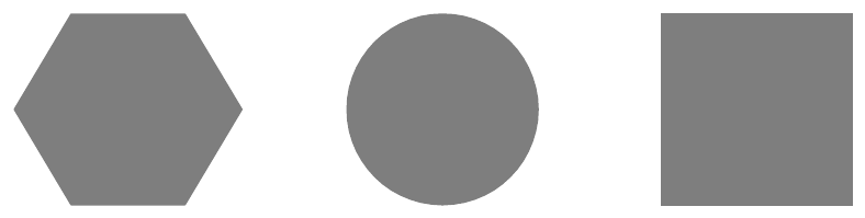 Três sombras cinza lado a lado: da esquerda para a direita, um hexágono, um círculo e um quadrado.