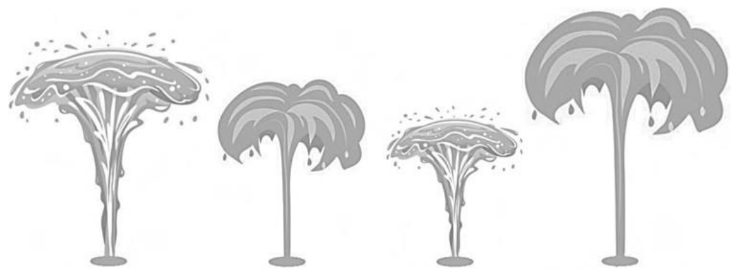 Ilustração de quatro jatos d’água de fontes, em tons de cinza.