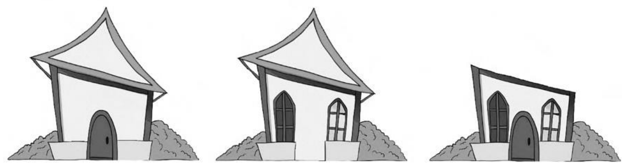 Três casinhas ilustradas: a primeira com porta e telhado, sem janelas; a segunda com janelas e telhado, sem porta; a terceira com porta e janelas, sem telhado.