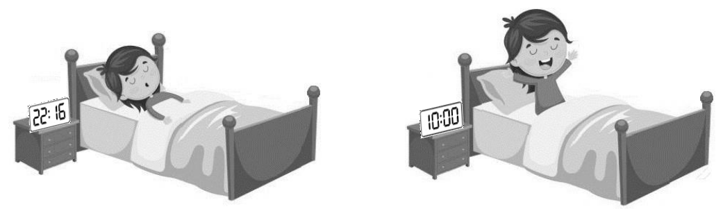 Duas cenas: à esquerda, uma criança dormindo na cama com o relógio da mesinha marcando 22:16; à direita, a criança acordando e se espreguiçando, com o relógio marcando 10:00.