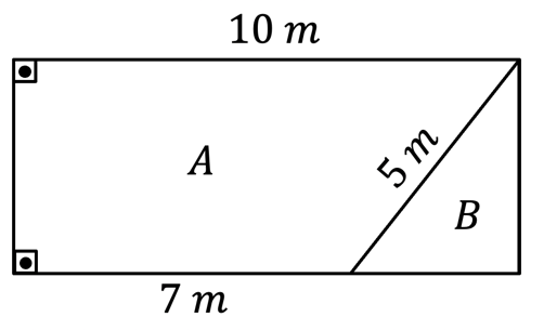 Retângulo com lado superior de 10 m e ângulos retos indicados nos cantos esquerdos. Um segmento de 5 m liga o canto superior direito a um ponto do lado inferior, dividindo o retângulo em um trapézio A, à esquerda, e um triângulo B, à direita. A parte do lado inferior pertencente a A mede 7 m.