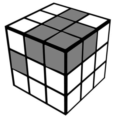 Cubo grande formado por 3 × 3 × 3 cubos menores, visto em perspectiva. Alguns cubos menores estão sombreados em cinza (hachurados) nas faces superior, frontal e lateral direita.