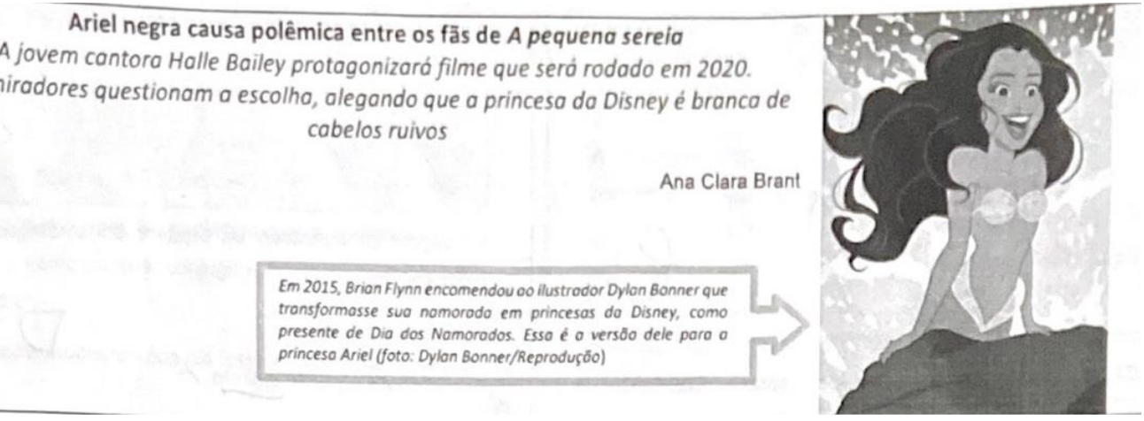 Cabeçalho da reportagem 'Ariel negra causa polêmica entre os fãs de A pequena sereia', de Ana Clara Brant, com o subtítulo 'A jovem cantora Halle Bailey protagonizará filme que será rodado em 2020. Admiradores questionam a escolha, alegando que a princesa da Disney é branca de cabelos ruivos' e ilustração de Ariel negra com legenda sobre o ilustrador Dylan Bonner.