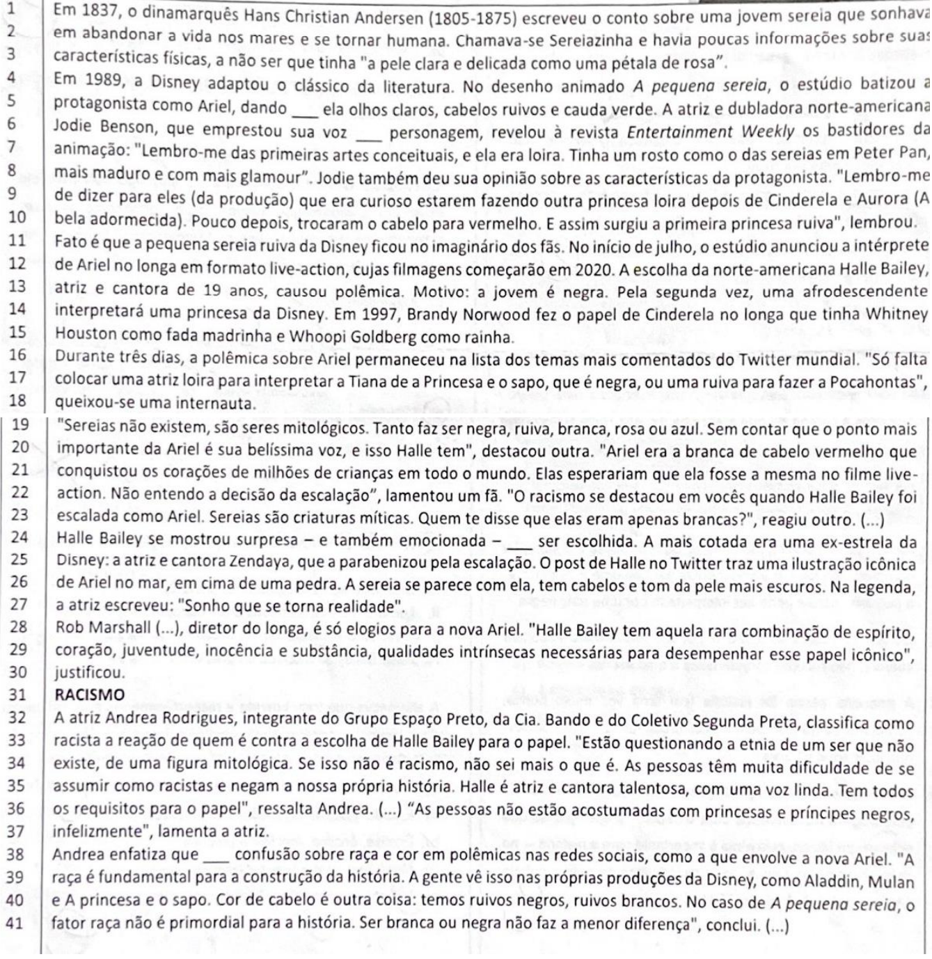 Texto da reportagem sobre a escolha de Halle Bailey para viver Ariel no filme live-action de A pequena sereia, com linhas numeradas de 1 a 41 e lacunas nas linhas 5, 6, 24 e 38; inclui a seção RACISMO, com a opinião da atriz Andrea Rodrigues.