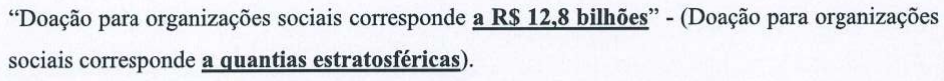 Alternativa A: “Doação para organizações sociais corresponde a R$ 12,8 bilhões” - (Doação para organizações sociais corresponde a quantias estratosféricas). Trechos em destaque (negrito e sublinhado): “a R$ 12,8 bilhões” e, entre parênteses, “a quantias estratosféricas”.