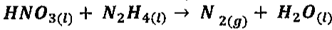 Equação não balanceada: HNO3 (l) + N2H4 (l) → N2 (g) + H2O (l).