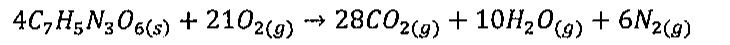 Equação: 4 C7H5N3O6 (s) + 21 O2 (g) → 28 CO2 (g) + 10 H2O (g) + 6 N2 (g).