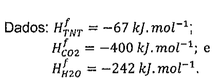 Dados: entalpia de formação do TNT = −67 kJ.mol−1; do CO2 = −400 kJ.mol−1; e da H2O = −242 kJ.mol−1.