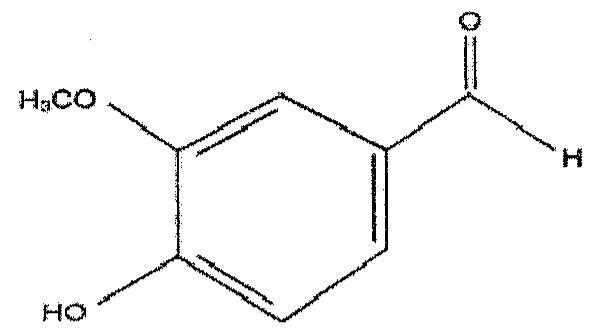 Fórmula estrutural da vanilina: anel benzênico com substituintes H3CO, HO e um grupo C(=O)H.