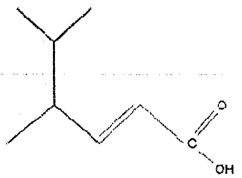 Fórmula estrutural em bastão de um ácido carboxílico de cadeia ramificada com uma ligação dupla carbono-carbono e o grupo terminal C(=O)OH.