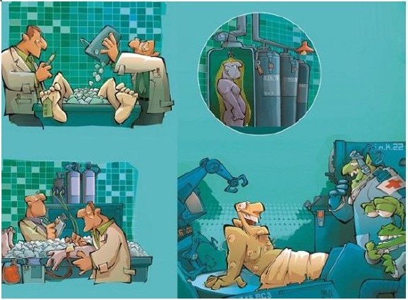 Ilustração em quadrinhos sobre criogenia: cientistas de jaleco colocam gelo sobre um corpo em uma banheira; um corpo congelado dentro de um cilindro ao lado de tanques de gás; um homem é preparado com gelo e mangueiras; e um homem descongelado sorri, sentado numa maca, cercado por braços robóticos e por criaturas verdes de aparência alienígena.