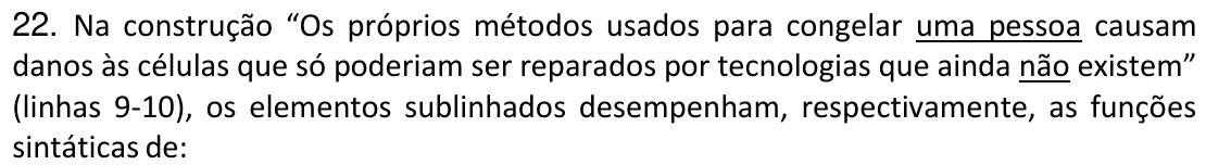 Recorte do enunciado impresso da questão 22, com os trechos “uma pessoa” e “não” sublinhados.