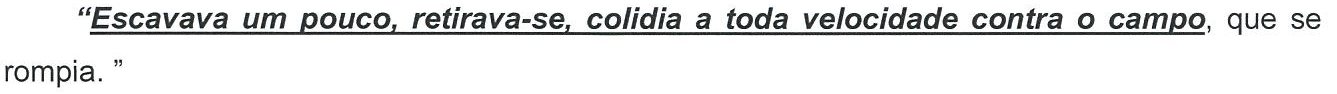 “Escavava um pouco, retirava-se, colidia a toda velocidade contra o campo, que se rompia.” Destacado (negrito, itálico e sublinhado): “Escavava um pouco, retirava-se, colidia a toda velocidade contra o campo”.