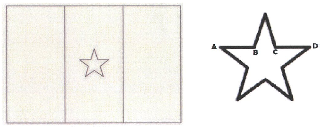 À esquerda, desenho da bandeira: retângulo dividido em três faixas verticais iguais, com uma estrela de cinco pontas no centro da faixa do meio. À direita, a estrela (pentagrama) ampliada, com os vértices A e D nas pontas horizontais esquerda e direita e os pontos B e C no segmento entre elas, junto à ponta superior.