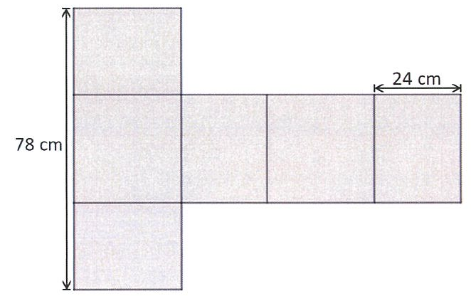 Planificação em forma de cruz deitada: uma coluna de três retângulos à esquerda (o do meio unido a outros três retângulos à direita, em linha). A altura total da coluna da esquerda é indicada como 78 cm; a largura do último retângulo à direita é indicada como 24 cm.