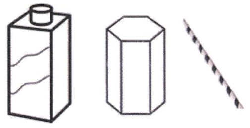 Três esboços em traço preto: uma caixa de leite em forma de paralelepípedo com tampa cilíndrica no topo, um prisma hexagonal em pé e um canudo listrado inclinado.