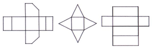 Planificações: cruz de retângulos com dois trapézios nas extremidades da faixa vertical; pirâmide de base quadrada (quadrado com quatro triângulos); paralelepípedo (cruz de retângulos).