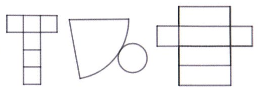 Planificações: cubo (seis quadrados em forma de T); setor circular com um círculo (cone); paralelepípedo (cruz de retângulos).