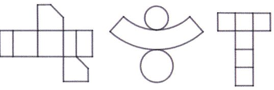 Planificações: cruz de retângulos com dois trapézios em lados opostos; setor de coroa circular com dois círculos (cilindro/tronco); cubo (seis quadrados em forma de T).