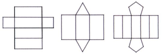 Planificações: paralelepípedo (cruz de retângulos); prisma triangular (três retângulos com dois triângulos); prisma hexagonal (retângulos lado a lado com dois hexágonos).