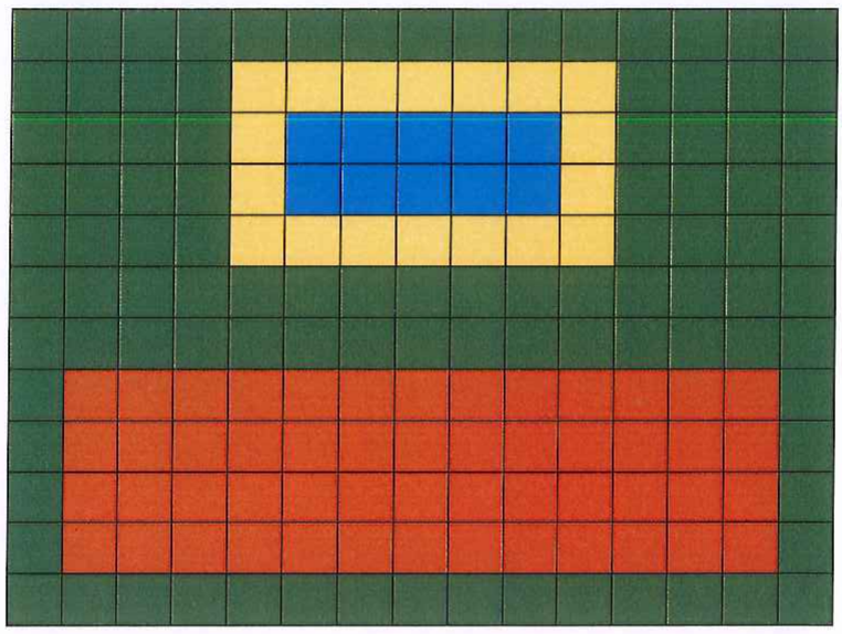 Malha retangular de 15 por 13 quadradinhos. Na parte superior, um retângulo amarelo de 7 por 4 quadradinhos (borda da piscina) contém um retângulo azul de 5 por 2 quadradinhos (piscina). Na parte inferior, um retângulo laranja de 13 por 4 quadradinhos (palácio). O restante da malha é verde (gramado).