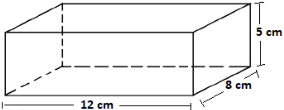 Paralelepípedo retângulo com arestas de 12 cm (comprimento), 8 cm (largura) e 5 cm (altura).