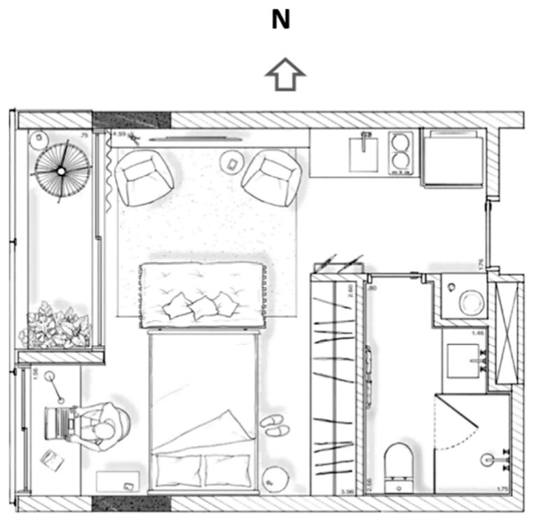 Planta humanizada de suíte de hotel com indicação do norte (N) voltado para cima, mostrando cama, poltronas, mesa de trabalho, armário, banheiro com chuveiro e bacia sanitária.
