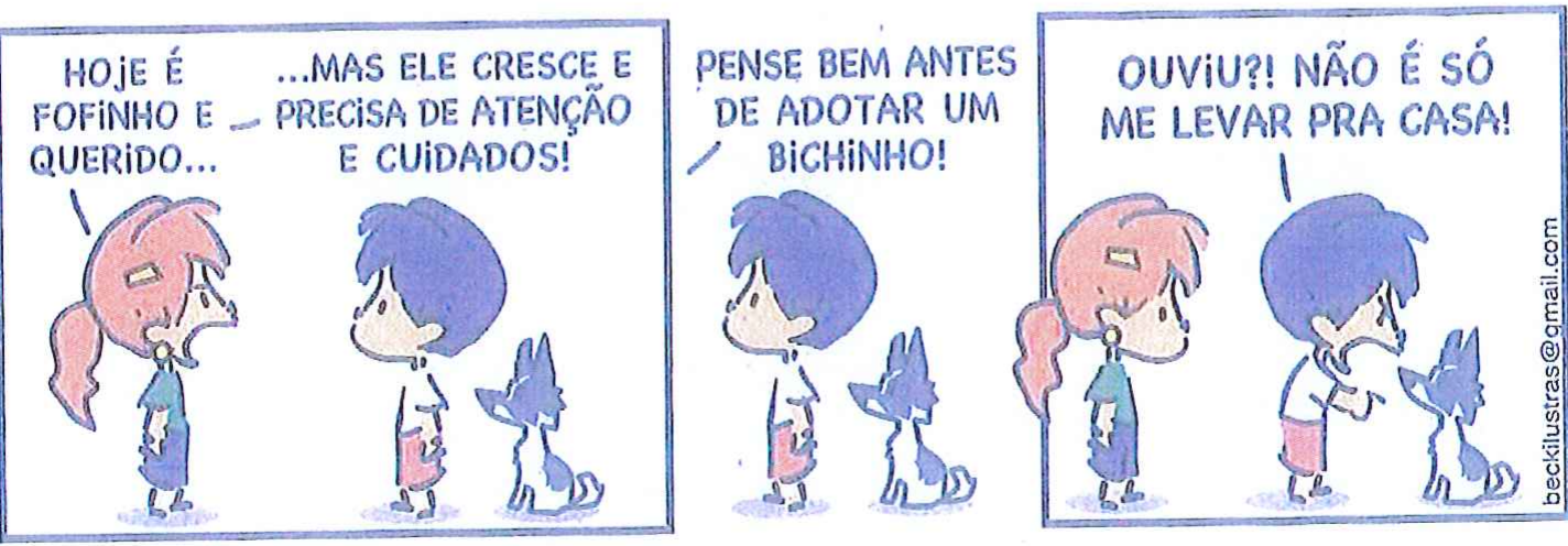 Tira em quatro quadrinhos: Fê diz “Hoje é fofinho e querido...”; Armandinho completa “...mas ele cresce e precisa de atenção e cuidados!”; Fê diz “Pense bem antes de adotar um bichinho!”; no último quadrinho, Armandinho, olhando para o cachorrinho, diz “Ouviu?! Não é só me levar pra casa!”.