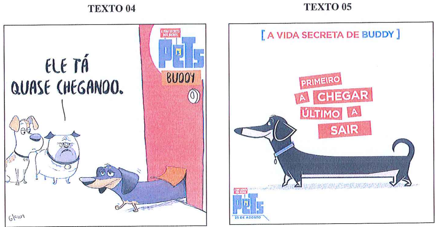 Texto 04: tira com cães do filme Pets; um deles diz “Ele tá quase chegando.” enquanto o salsicha Buddy aparece passando por uma portinhola de cachorro na porta. Texto 05: cartaz “A vida secreta de Buddy” com o salsicha de corpo muito comprido e os dizeres “Primeiro a chegar, último a sair”.