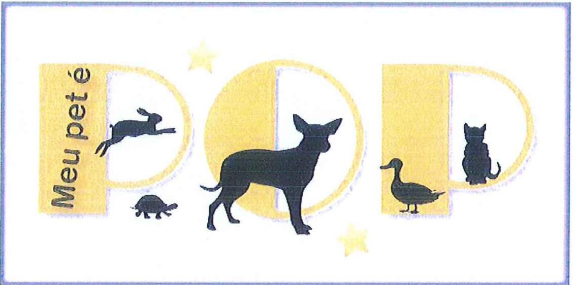 Logotipo do projeto “Meu pet é Pop”, com silhuetas de coelho, tartaruga, cachorro, pato e gato sobre as letras P, O, P.