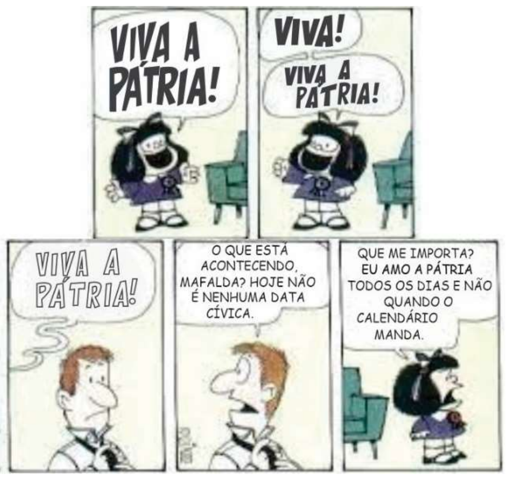Tira de Mafalda em cinco quadrinhos. 1: Mafalda grita, sorridente: “VIVA A PÁTRIA!”. 2: Mafalda: “VIVA! VIVA A PÁTRIA!”. 3: Um homem, em outro cômodo, ouve o grito “VIVA A PÁTRIA!” com expressão intrigada. 4: O homem pergunta: “O QUE ESTÁ ACONTECENDO, MAFALDA? HOJE NÃO É NENHUMA DATA CÍVICA.” 5: Mafalda, séria, responde: “QUE ME IMPORTA? EU AMO A PÁTRIA TODOS OS DIAS E NÃO QUANDO O CALENDÁRIO MANDA.”