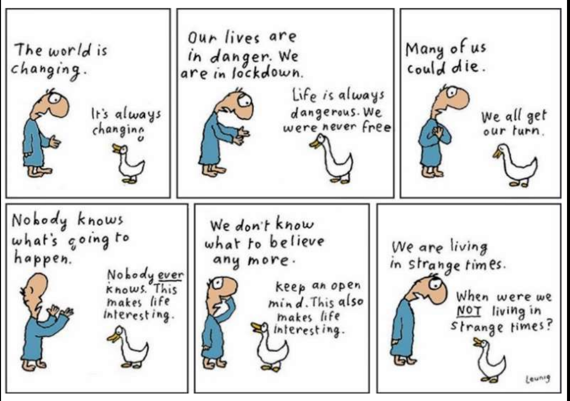 Cartum de Michael Leunig em seis quadros com um homem e um pato. 1: Homem: “The world is changing.” Pato: “It’s always changing.” 2: Homem: “Our lives are in danger. We are in lockdown.” Pato: “Life is always dangerous. We were never free.” 3: Homem: “Many of us could die.” Pato: “We all get our turn.” 4: Homem: “Nobody knows what’s going to happen.” Pato: “Nobody ever knows. This makes life interesting.” (a palavra “ever” sublinhada). 5: Homem: “We don’t know what to believe any more.” Pato: “Keep an open mind. This also makes life interesting.” 6: Homem: “We are living in strange times.” Pato: “When were we NOT living in strange times?” (a palavra “NOT” sublinhada).