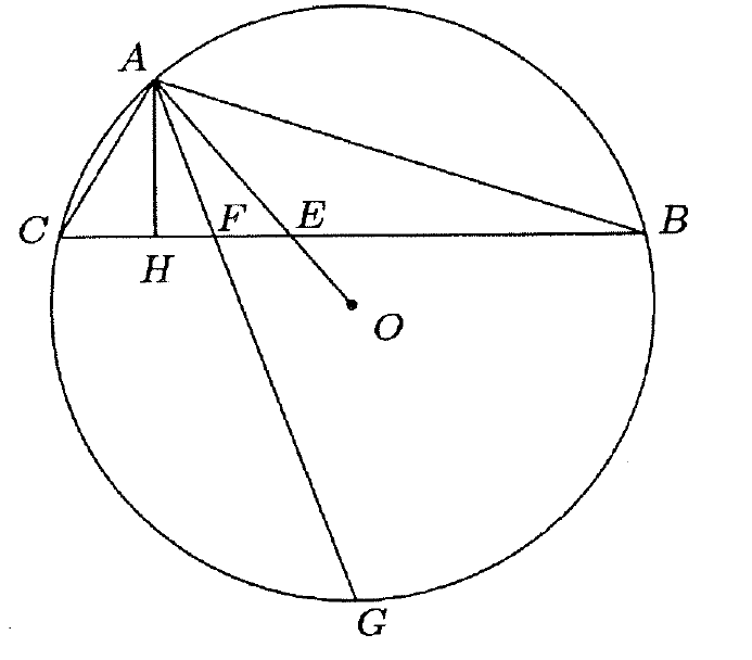 Circunferência de centro O com triângulo ABC inscrito; altura AH sobre BC, segmento AO cortando BC em E e bissetriz de A cortando BC em F e a circunferência em G.