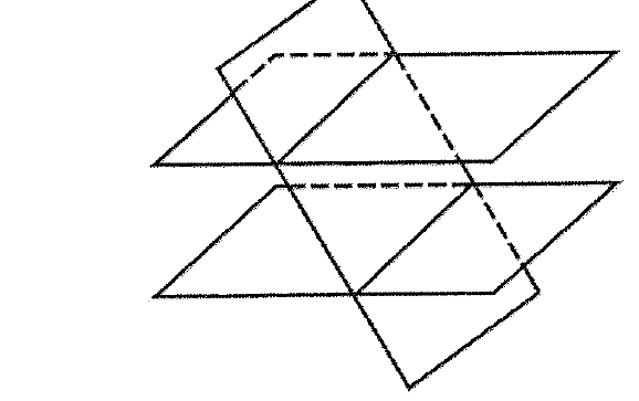 Esboço de dois planos paralelos cortados por um terceiro plano.