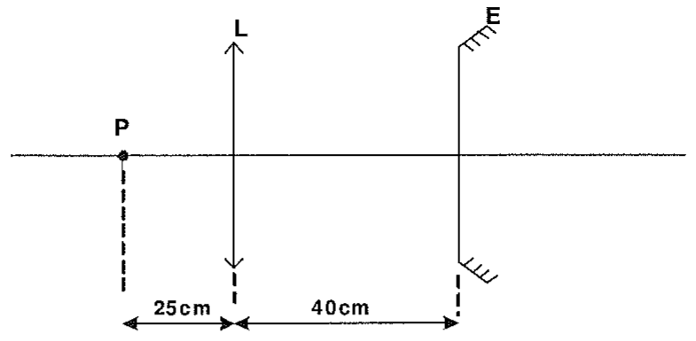 Banco óptico com eixo horizontal: ponto luminoso P, lente delgada L a 25cm de P e espelho E a 40cm da lente.