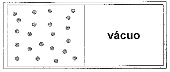 Recipiente retangular dividido ao meio por uma parede: à esquerda, partículas de gás; à direita, a indicação 'vácuo'.