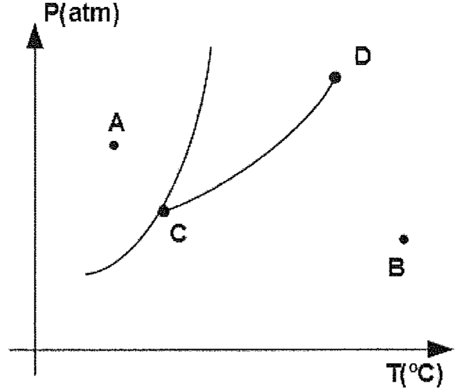 Diagrama de fases P(atm) × T(°C) com três curvas que se encontram no ponto C; uma curva termina no ponto D; o ponto A fica à esquerda, acima, e o ponto B à direita, abaixo.