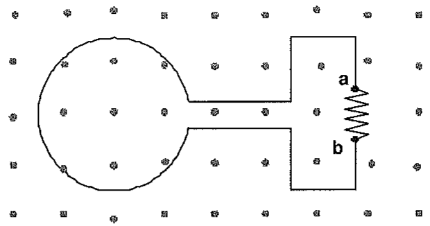 Espira circular ligada por dois condutores paralelos a um trecho retangular que contém um resistor entre os pontos a e b, tudo imerso em campo magnético representado por pontos.