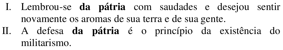 Reprodução das frases I e II da questão 10 com o termo “da pátria” em negrito nas duas frases.
