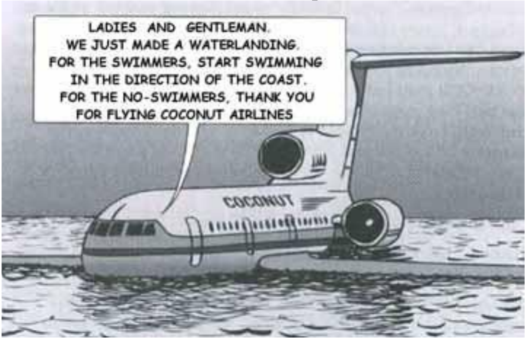 Cartum: avião da Coconut Airlines pousado sobre a água, com o balão: “Ladies and gentleman. We just made a waterlanding. For the swimmers, start swimming in the direction of the coast. For the no-swimmers, thank you for flying Coconut Airlines”.
