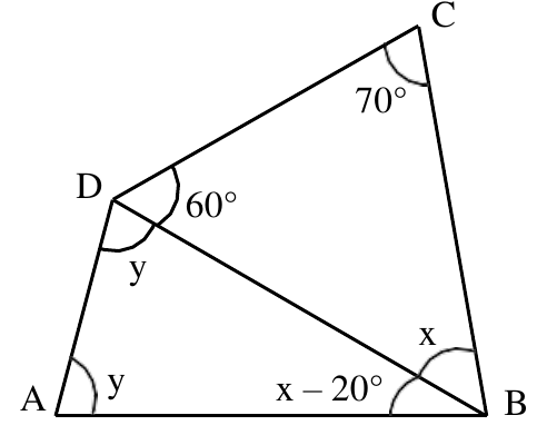 Quadrilátero ABCD com a diagonal DB. Ângulos indicados: 70° em C; 60° em D, entre DC e DB; y em D, entre DA e DB; y em A; x – 20° em B, entre BA e BD; x em B, entre BD e BC.